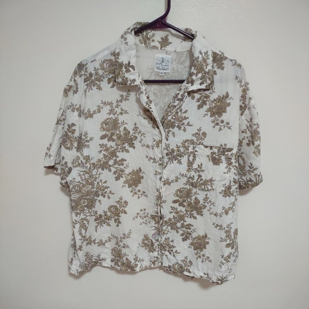 Via Vai L Linen Shirt Mother of Pearl Button Classic Bronze Vine Pattern
